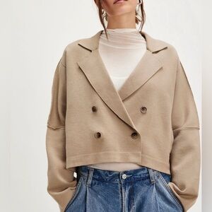 NWT We The Free Sadie Crop Sweater Knit Blazer S Taupe Brown Treehouse